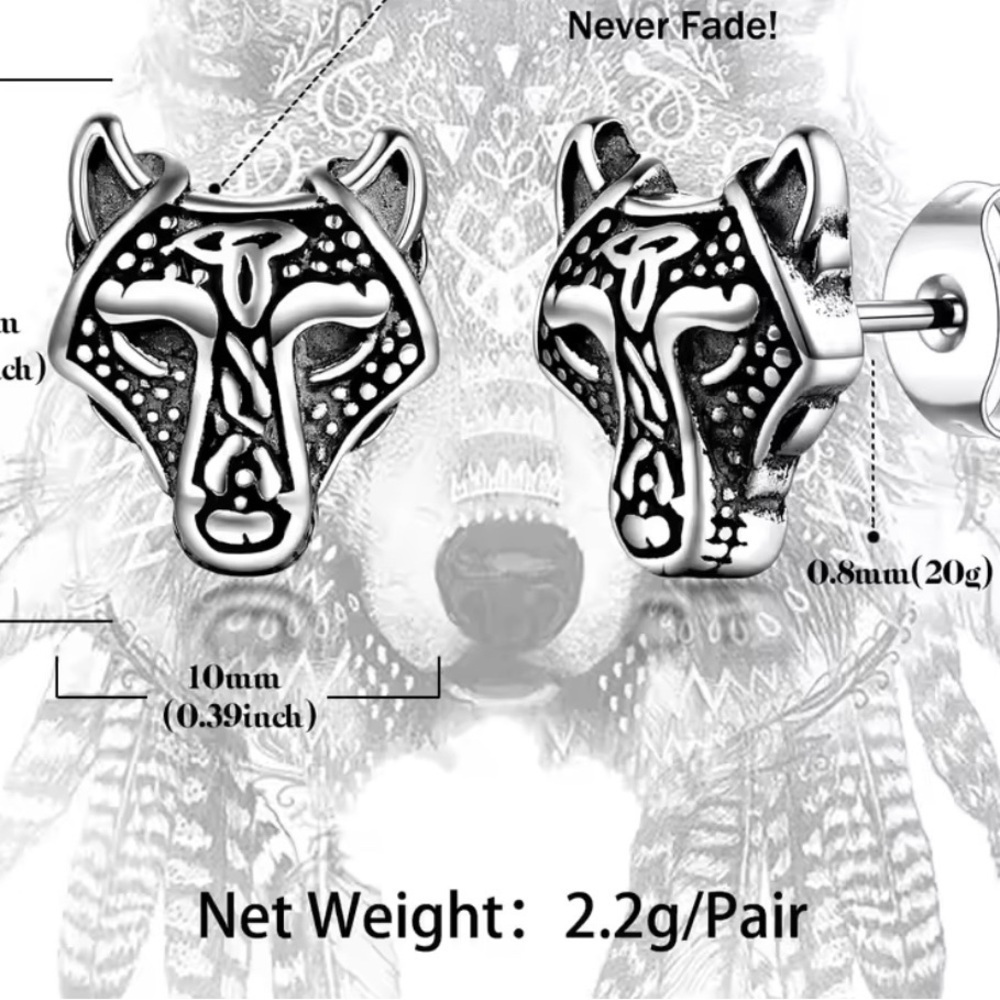 18K White Gold Fenrir Viking Celtic Runes Wolf Head Unisex Stud Earrings No Fade - Picture 5 of 5